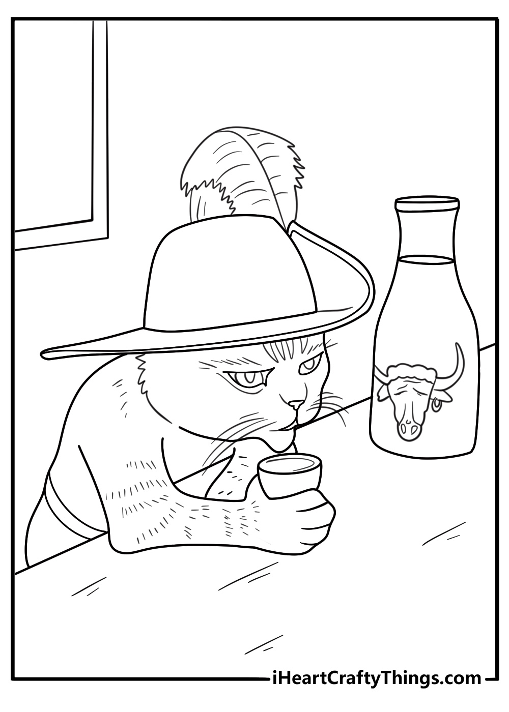 Puss in Boots easy coloring page drinking a bowl of milk at a table
