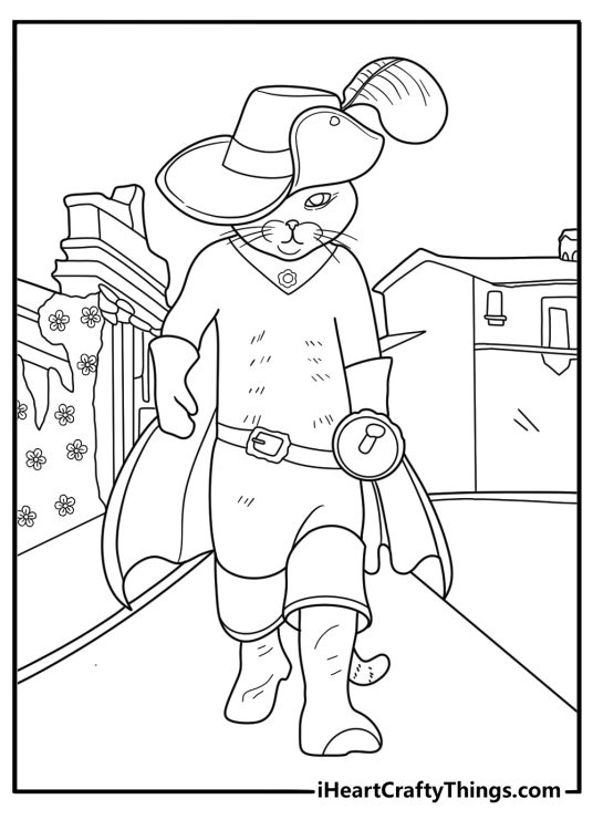 Puss in Boots pdf coloring page walking a tightrope above the town street