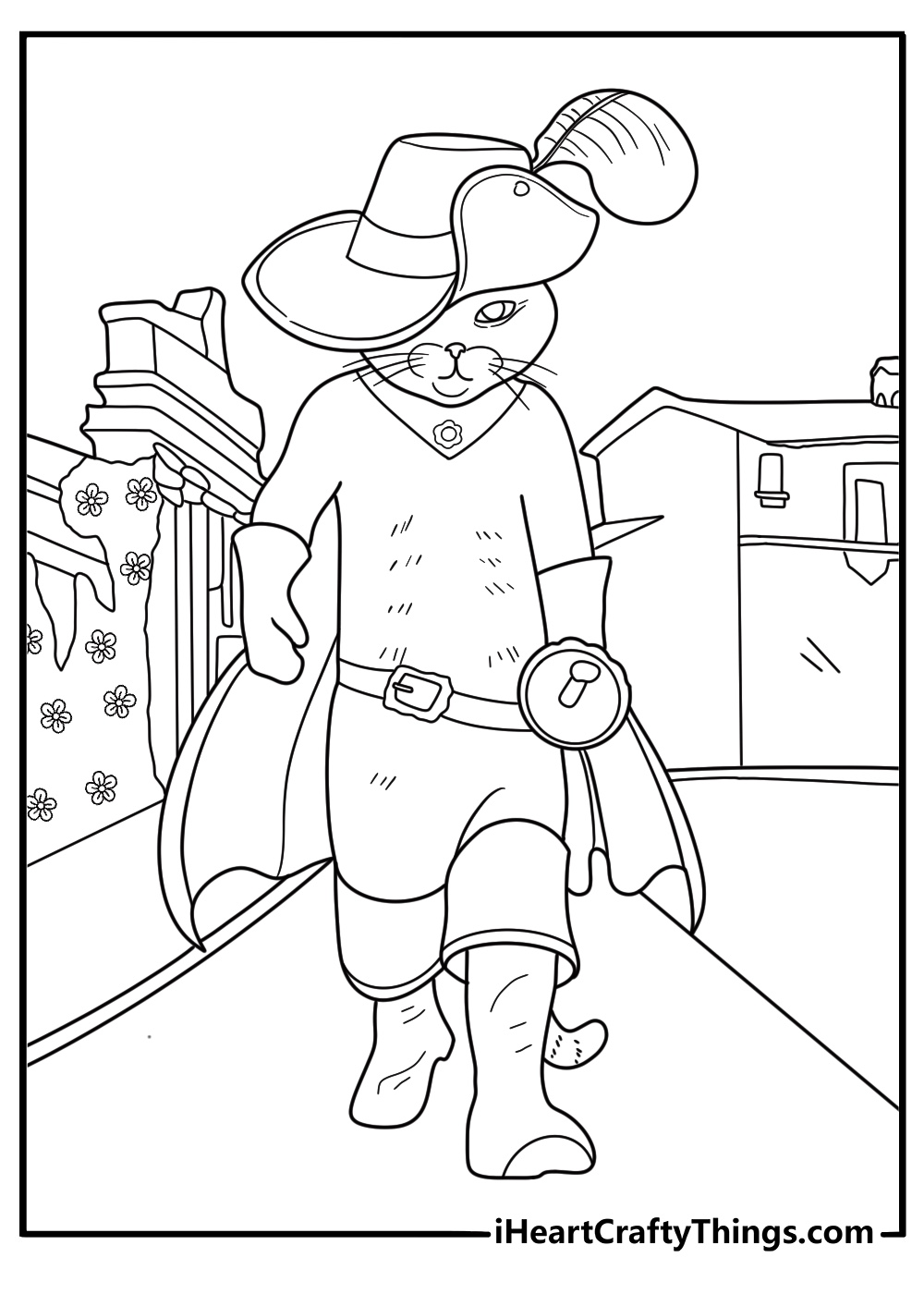 Puss in Boots pdf coloring page walking a tightrope above the town street