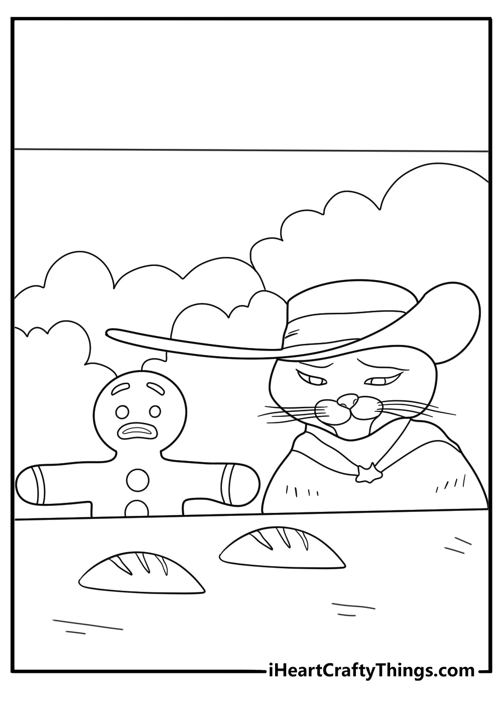 Puss in Boots printable coloring picture baking in a giant kitchen with flour in the air