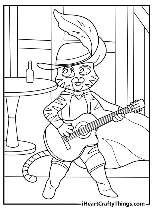Puss in Boots printable coloring sheet playing guitar in a cozy tavern