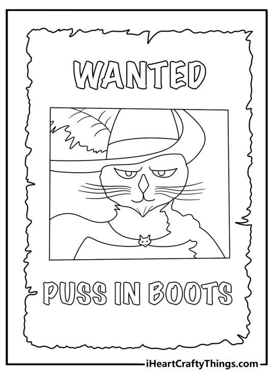 Puss in Boots printable for kids framed like a classic wanted poster