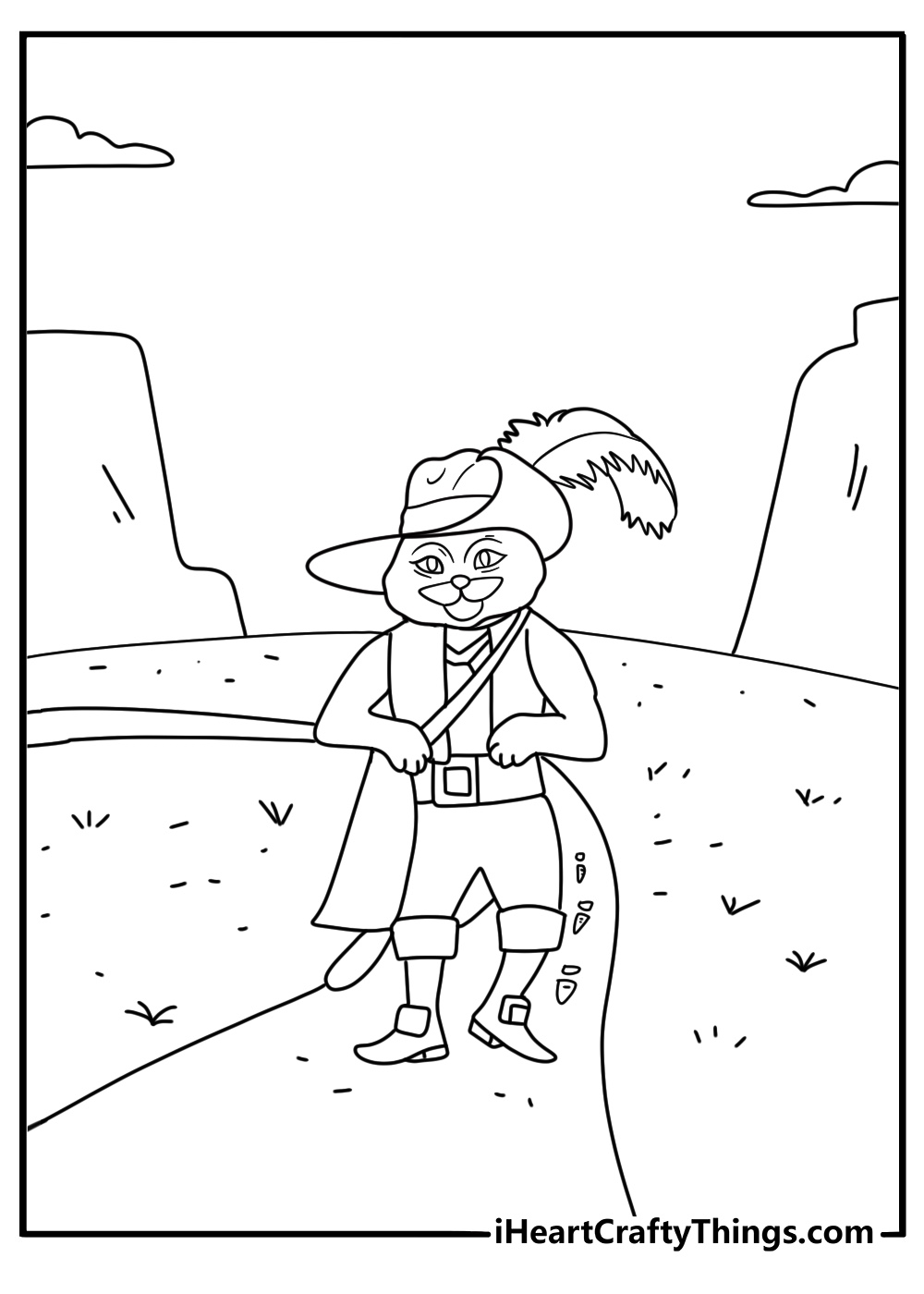 Puss in Boots simple coloring page leaving boot prints across a dusty road