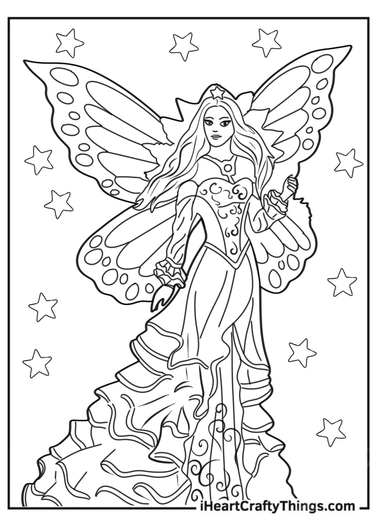 Coloring printable featuring regal queen fairy with large wings, long hair and elaborate gown surrounded by stars