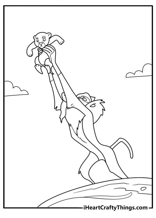 Rafiki lifting baby Simba at Pride Rock sunrise coloring page printable pdf for kids