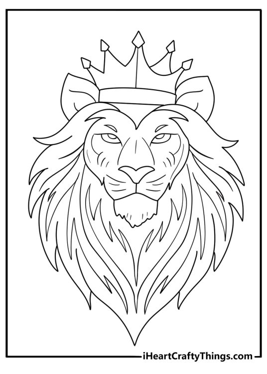 Realistic tattoo coloring page for adults with a lion head and crown