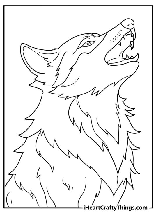 Realistic wolf coloring page with fur texture and side profile view