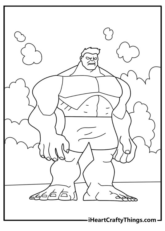 Red Hulk coloring page printable with Red Hulk near rising smoke