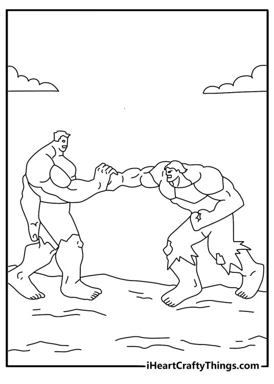 Red Hulk vs Green Hulk coloring page with both characters pushing against each other