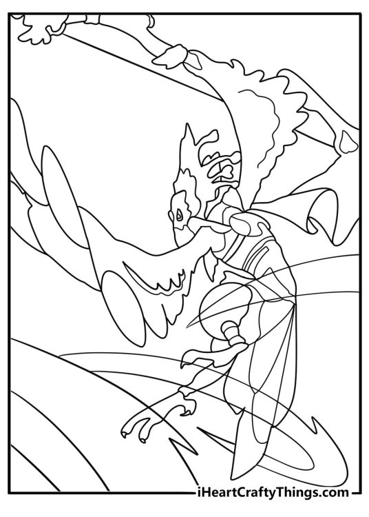 Revali the Rito archer soars on wind above village detailed coloring poster download pdf