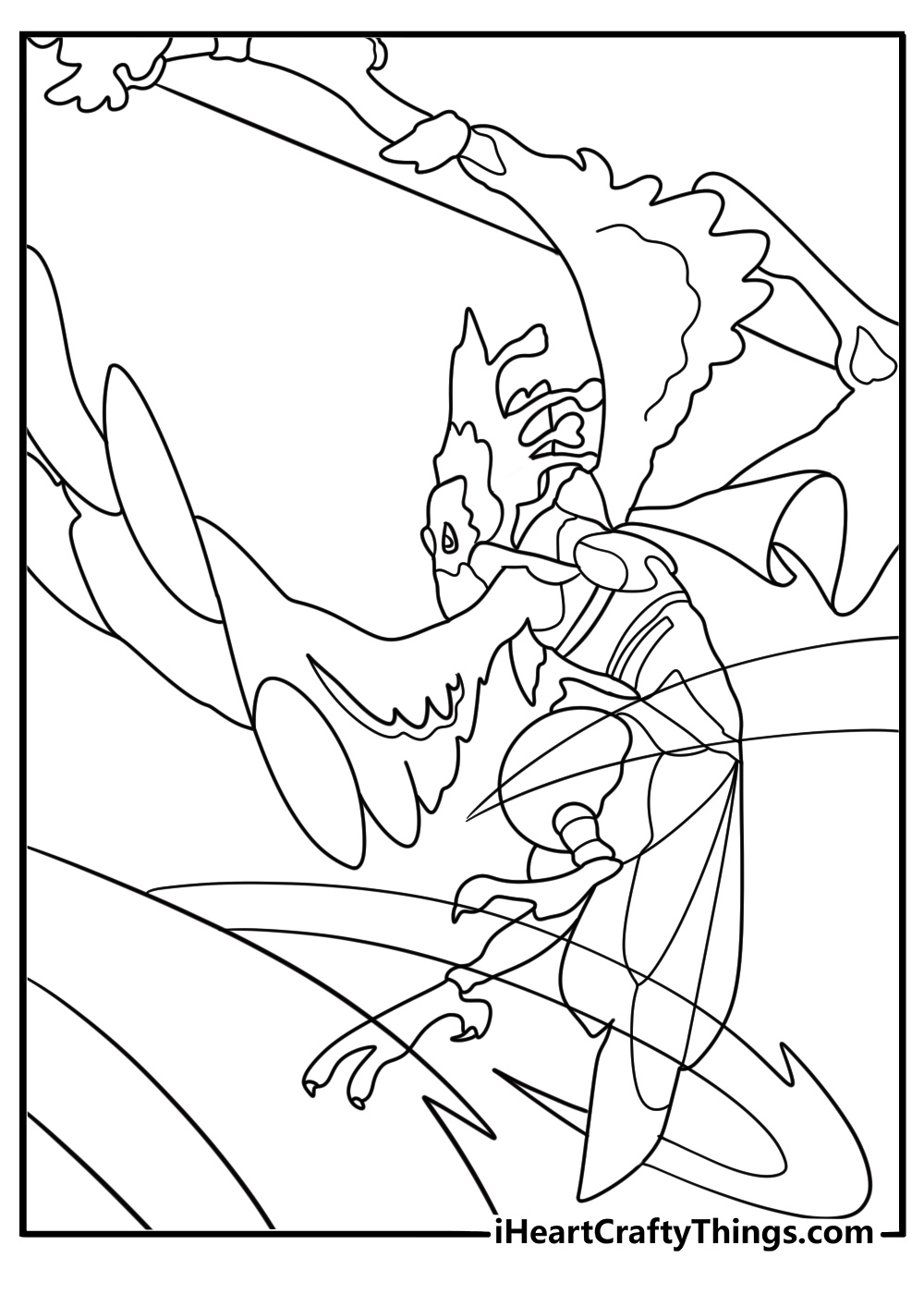 Revali the Rito archer soars on wind above village detailed coloring poster download pdf