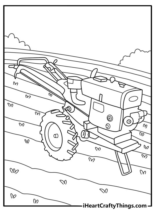 Rice paddy tractor with narrow wheels wet field farming coloring printable