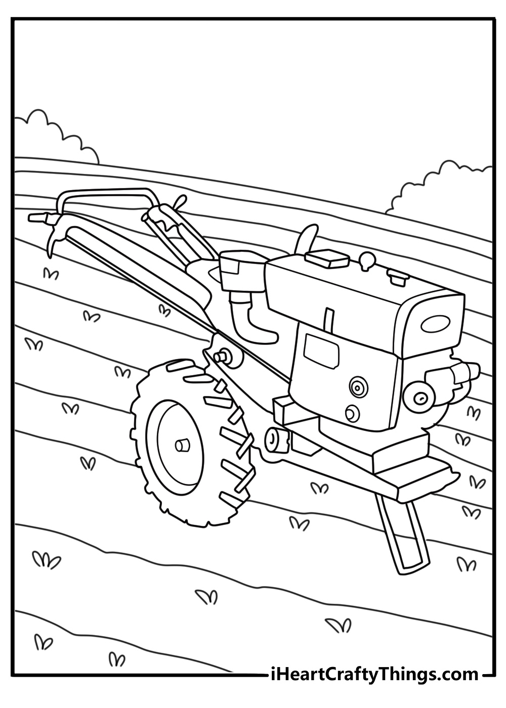 Rice paddy tractor with narrow wheels wet field farming coloring printable