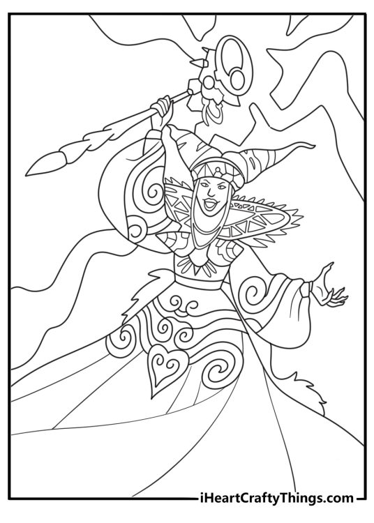 Rita Repulsa raises her magic staff in this detailed coloring sheet