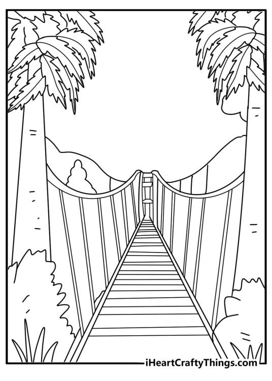 Rope bridge across dense canopy jungle coloring sheet download