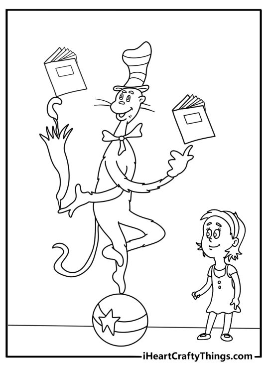 Sally watches the Cat balance books in this simple coloring sheet for kids