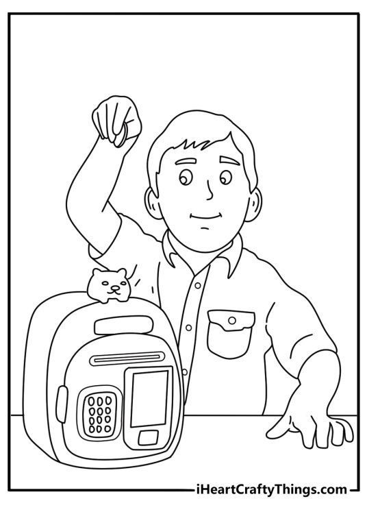 Saving money coloring pages with a child placing a bill into a home safe
