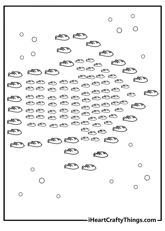 School of moonfish forming arrow shape cute coloring printable