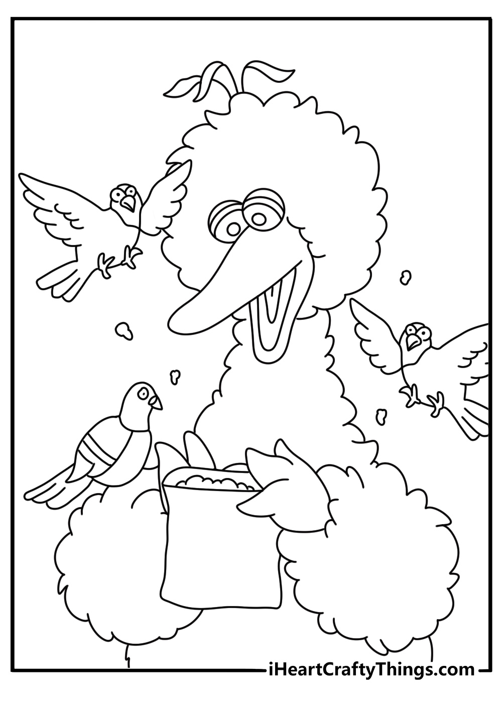 Sesame Street coloring page for kids showing Big Bird feeding seeds to pigeons