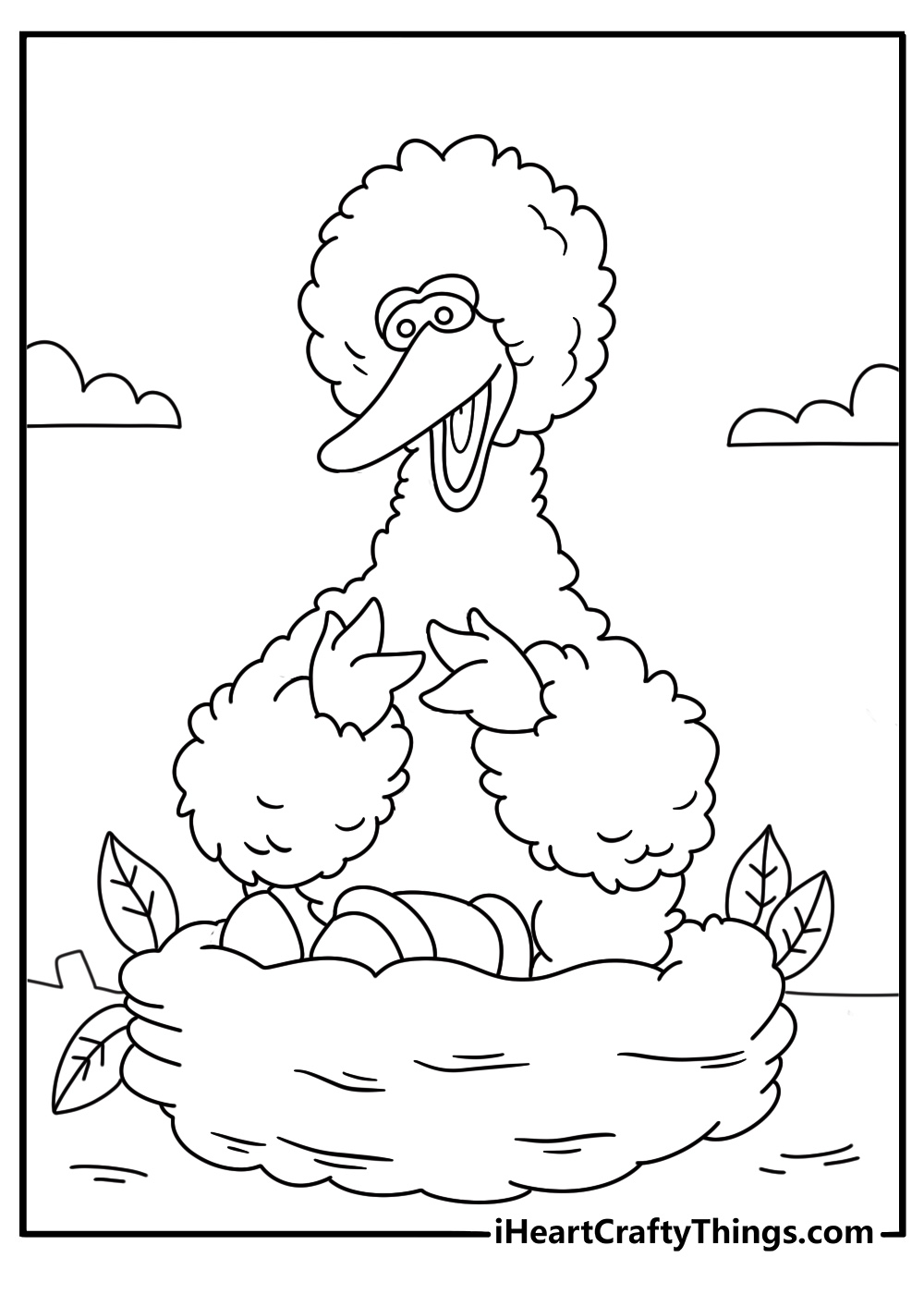Sesame Street coloring page showing Big Bird beside his large nest
