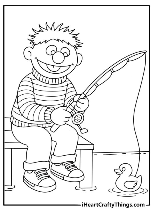 Sesame Street coloring pages scene featuring Ernie fishing with his rubber duck nearby