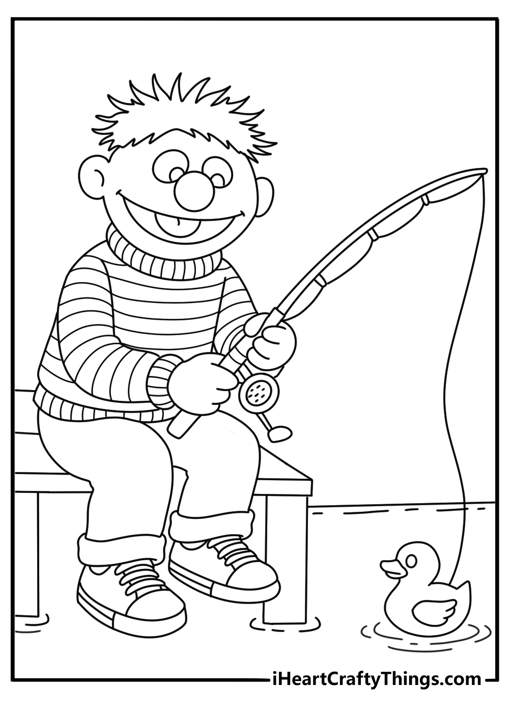 Sesame Street coloring pages scene featuring Ernie fishing with his rubber duck nearby