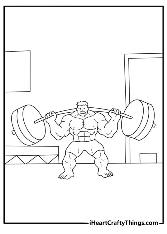 She Hulk coloring page with She Hulk lifting barbell weights in a gym