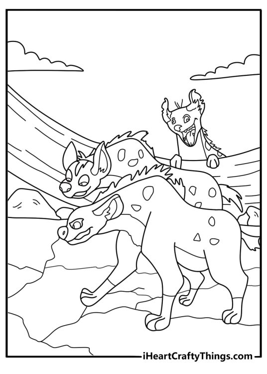 Shenzi Banzai Ed hyenas sneaking in elephant graveyard detailed Lion King coloring sheet
