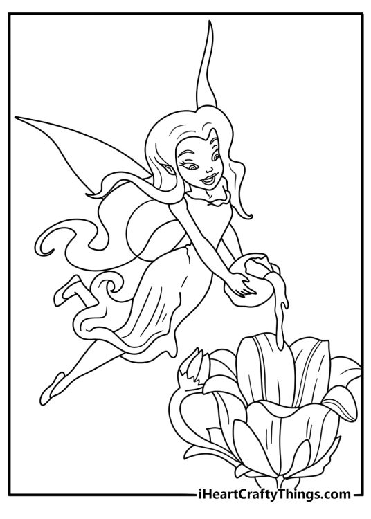 Silvermist pours water into a flower cup in this fairy coloring sheet