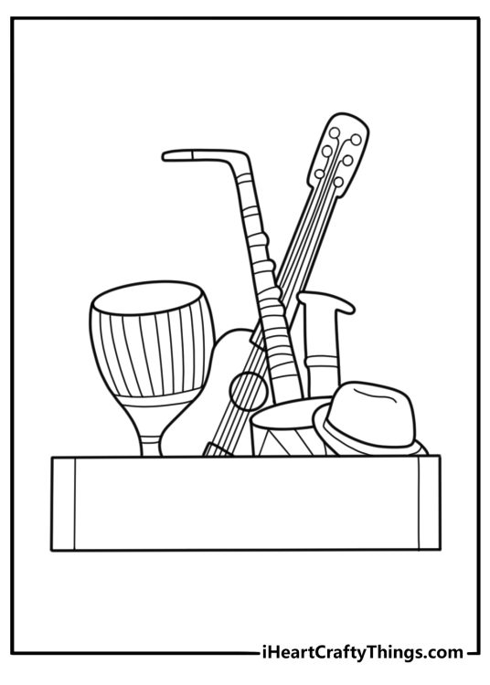 Simple Cinco De Mayo coloring sheet printable with a banner drum and trumpet