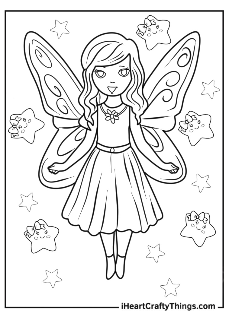 Printable pdf to color featuring cute fairy with butterfly wings and knee-length dress surrounded by stars