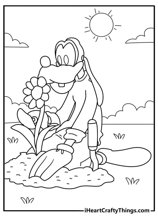 Simple Goofy coloring sheet of Goofy planting flowers with a shovel
