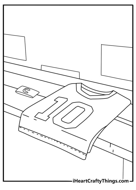 Simple Lionel Messi coloring sheet with a captain armband and jersey on a bench