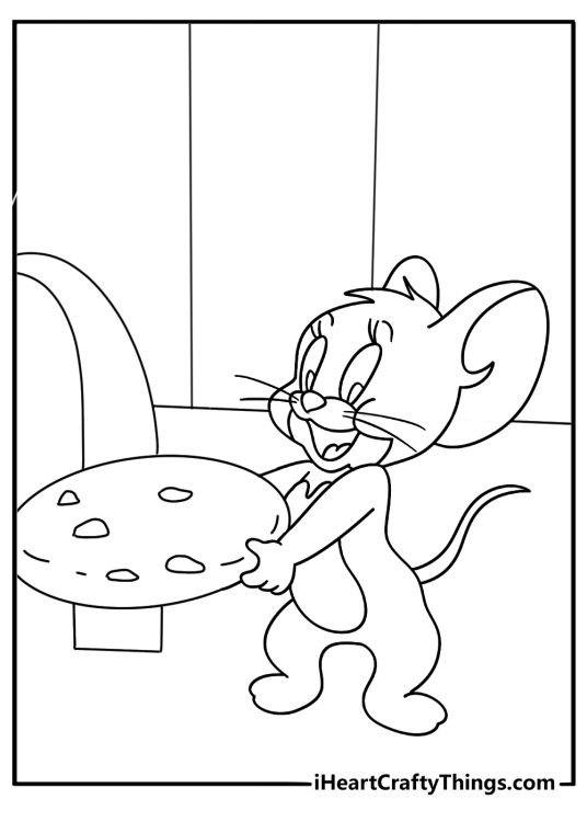 Simple Tom and Jerry coloring page with Jerry pulling a cookie into his mouse hole
