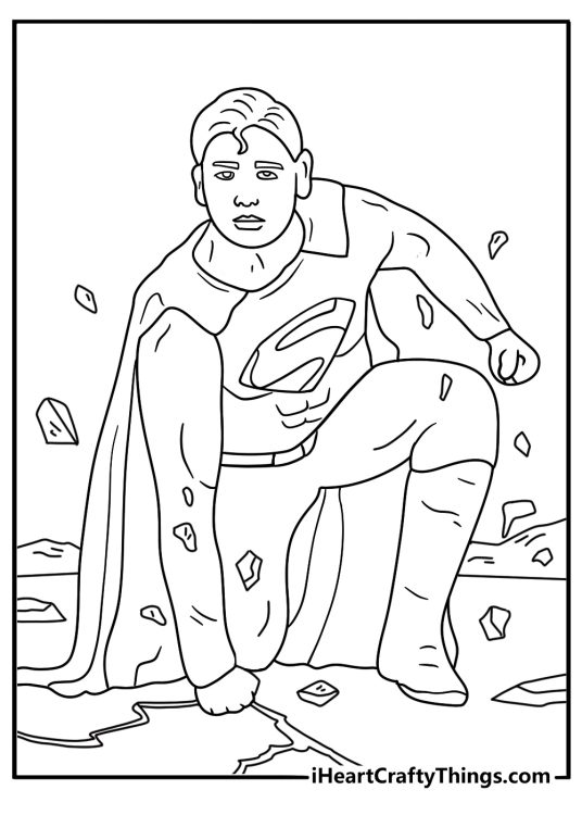 Simple coloring page of Superman landing beside a cracked street