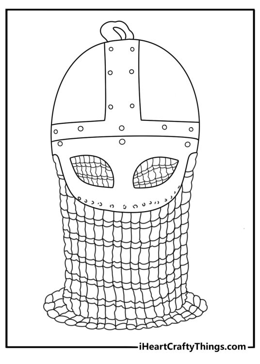 Simple coloring sheet of Viking helmet with nose guard and braided trim