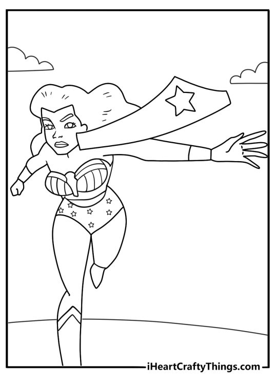 Simple printable pdf Wonder Woman using her tiara as a boomerang