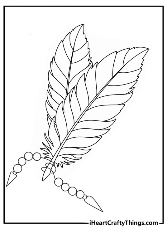 Simple tattoo coloring page with a feather and tiny beads