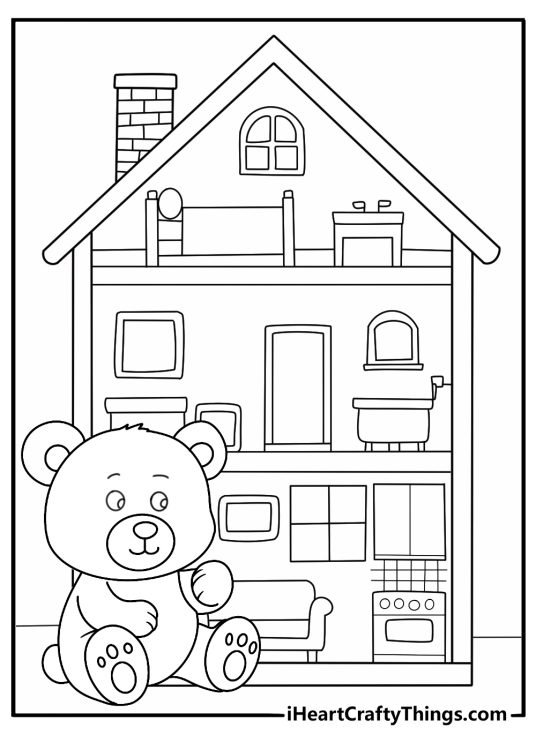 Simple teddy bear coloring page with a teddy bear beside a dollhouse
