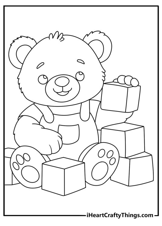 Simple teddy bear coloring page with a teddy bear beside building blocks