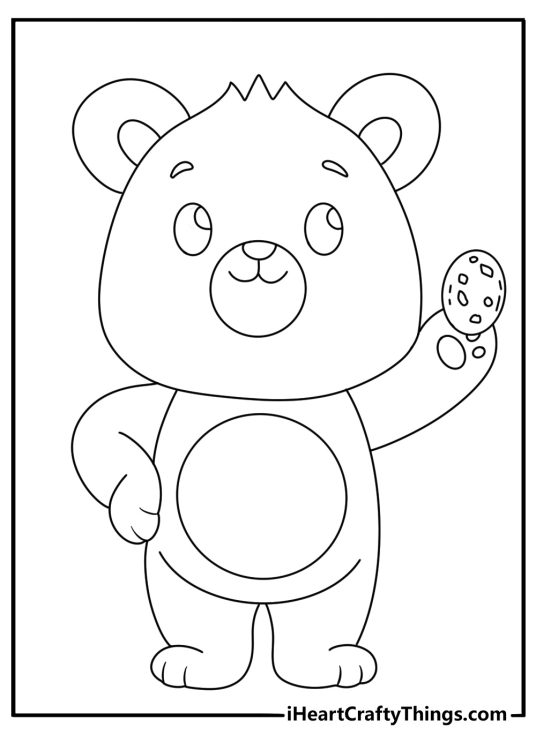 Simple teddy bear coloring page with a teddy bear holding a cookie