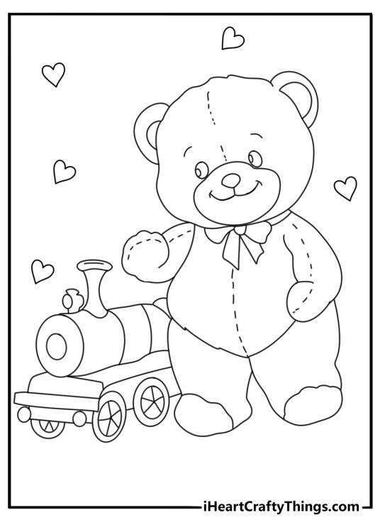Simple teddy bear coloring sheet with a teddy bear next to a toy train