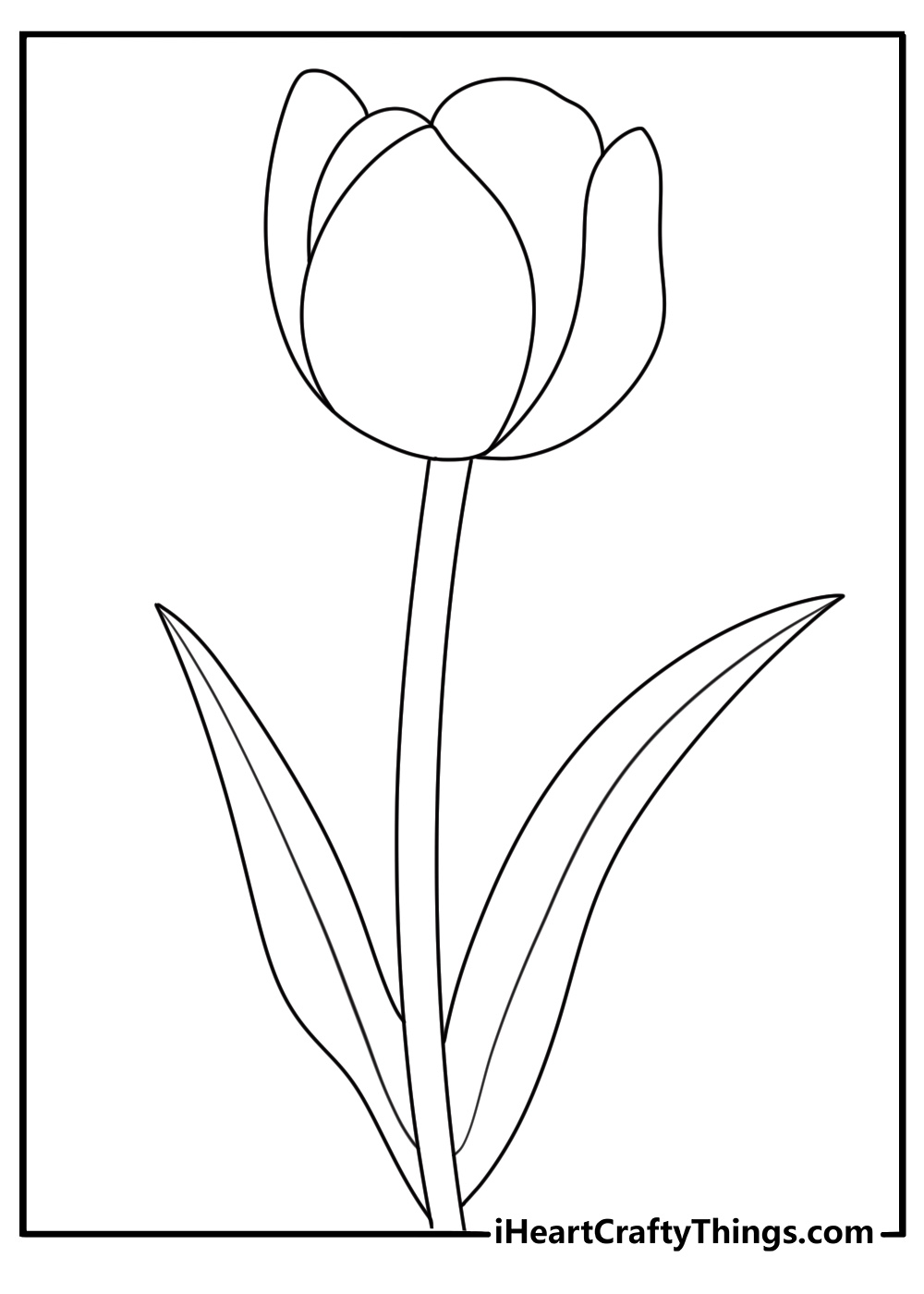 Simple tulip coloring page with one tall stem and two wide leaves