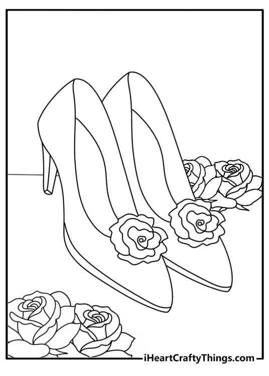 Simple wedding coloring page with a pair of wedding shoes near flowers