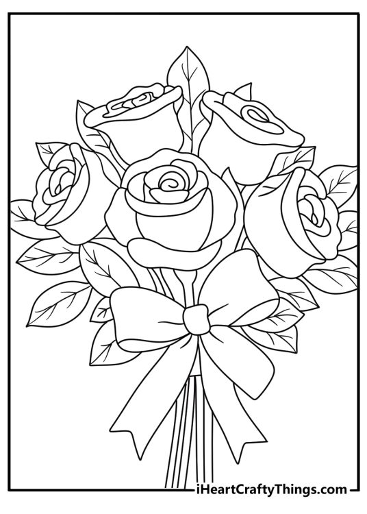 Simple wedding coloring sheet with a bouquet tied with ribbon
