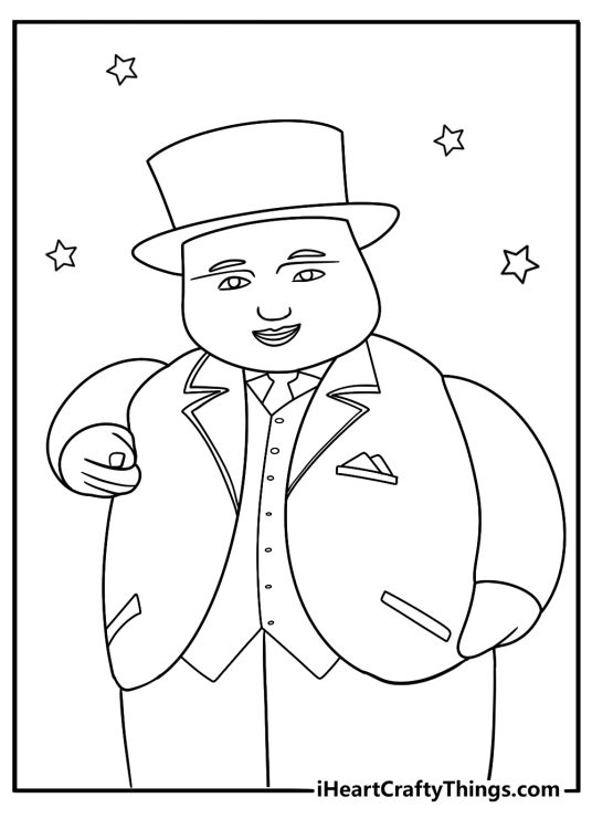 Sir Topham Hatt giving orders at Tidmouth Sheds turntable printable coloring page