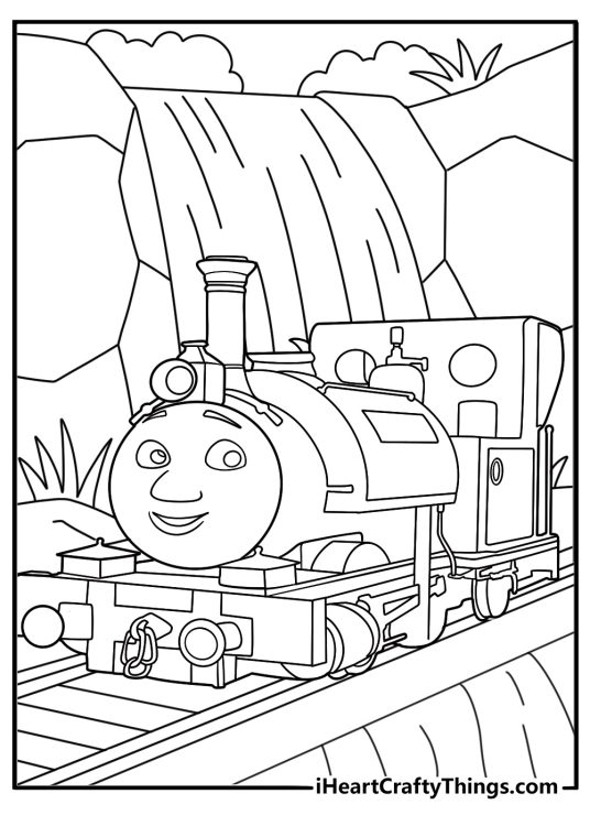 Skarloey climbing a narrow gauge line by a waterfall detailed coloring page