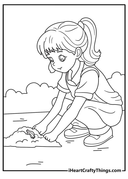 Small girl planting tulip bulbs in soil simple coloring sheet