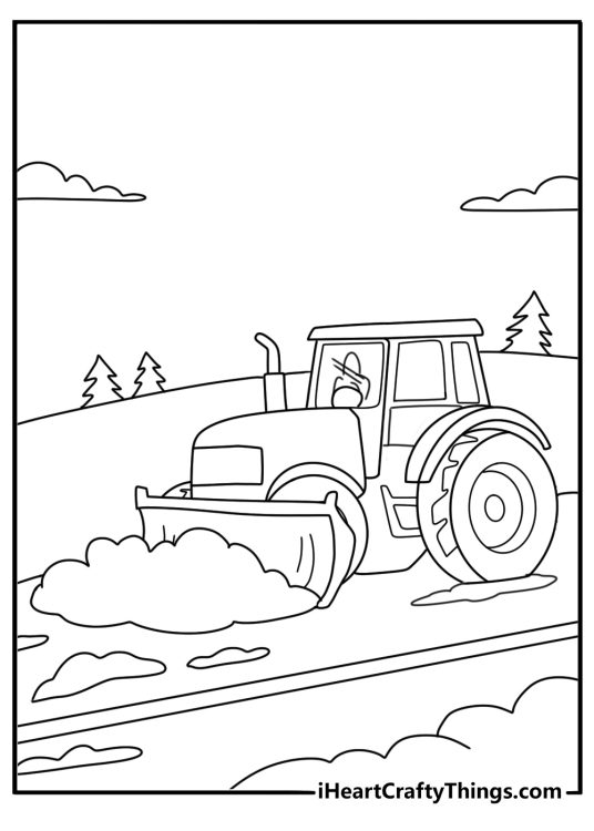 Snow tractor with front blade clearing road winter coloring page