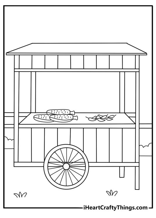 Spanish Cinco De Mayo coloring pages with a market stall selling peppers and corn